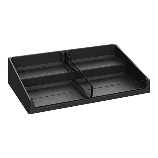 A black plastic Borray shelf organizer with two tiers and two compartments.