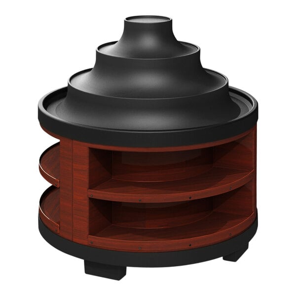 A heavy-duty round wooden display shelf with a black top.