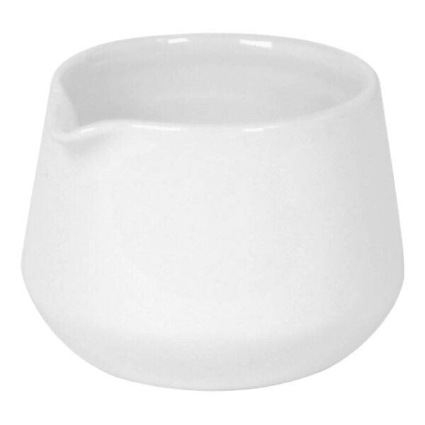 A Front of the House white porcelain pourer with a lid.