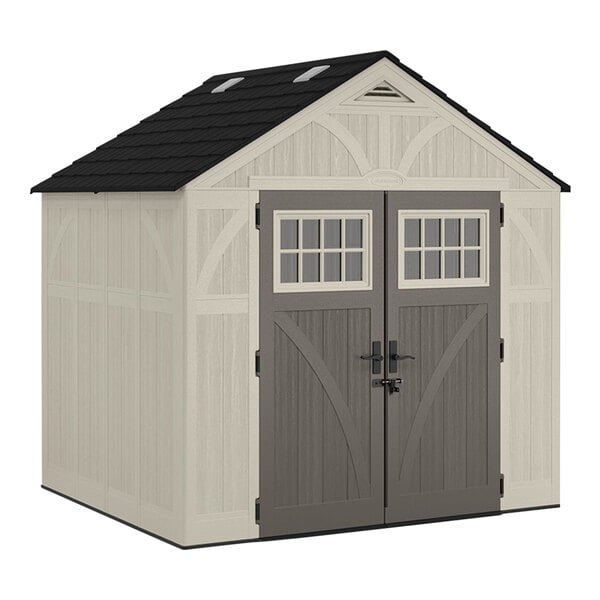 A Suncast vanilla storage shed with two black doors.