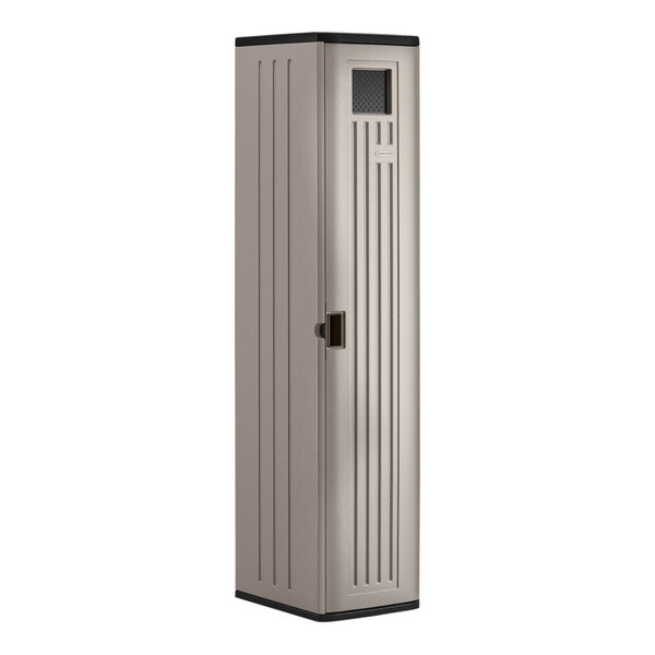 A Suncast tall plastic locker with a black door.
