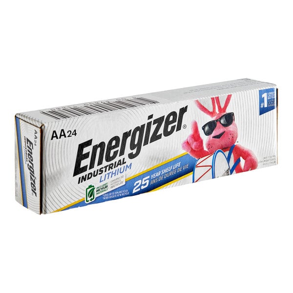 A white box of 24 Energizer AA lithium batteries with black and blue text.
