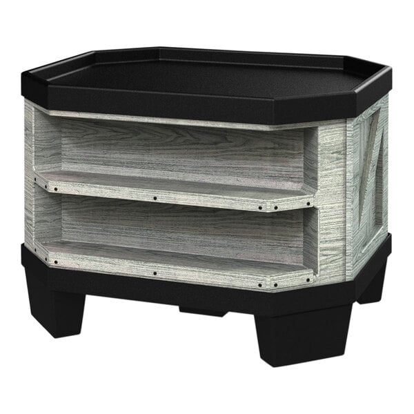 A gray plastic Borray orchard bin with shelves.