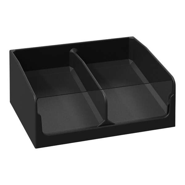 A black plastic tray with two compartments.