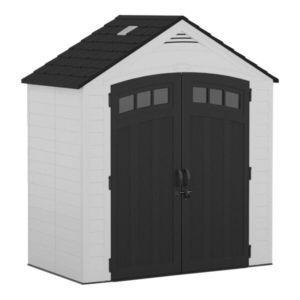 A white rectangular Suncast storage shed with black doors.