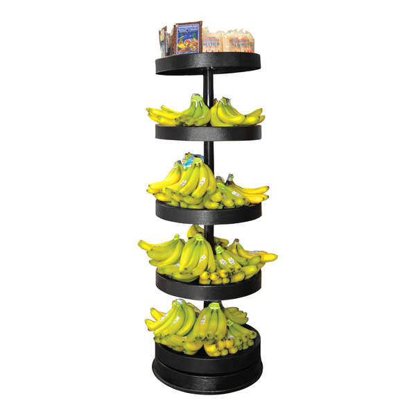 A black vertical plastic display rack with bananas on it.