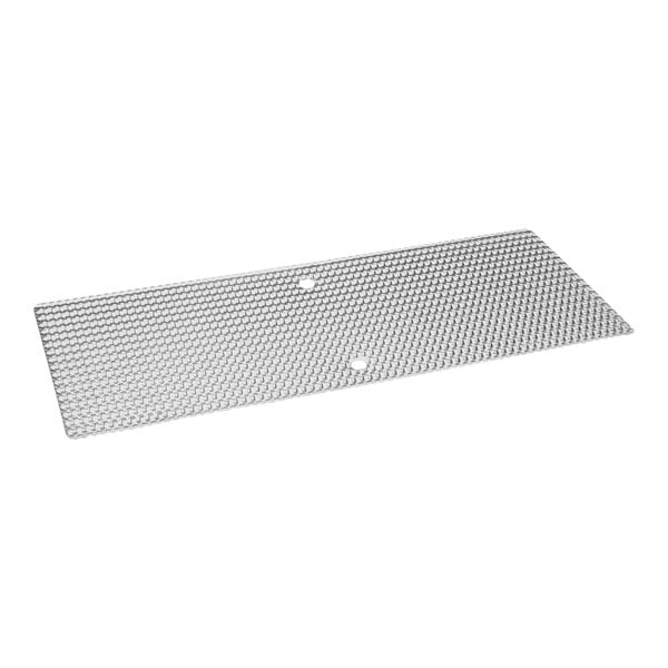 A silver metal Lov Sana grid filter screen with holes.