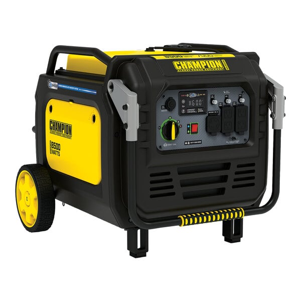 A black and yellow Champion Power Equipment portable generator with wheels.
