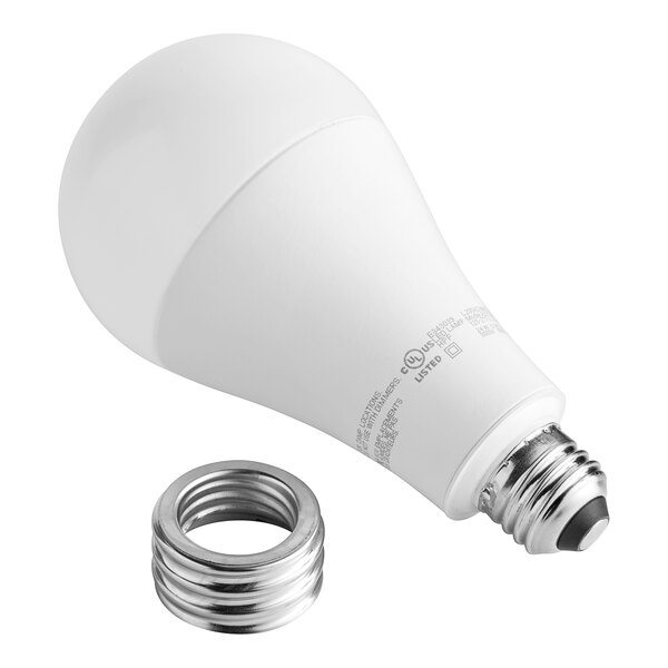 A TCP LED light bulb with a metal screw base and a metal ring.