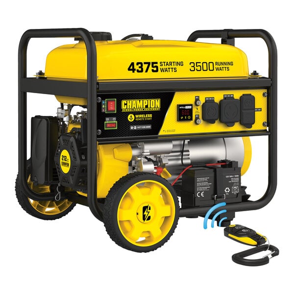 A yellow and black Champion portable generator with electric start.