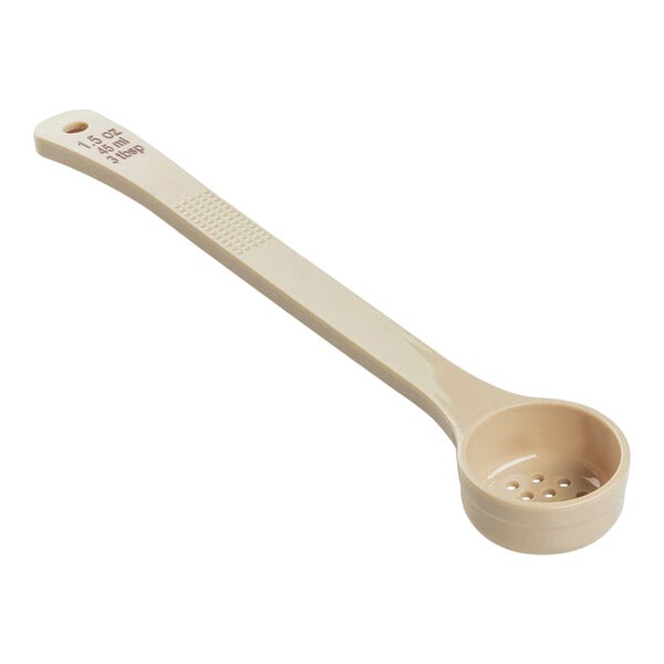 A beige plastic Tablecraft long handle perforated portion spoon.