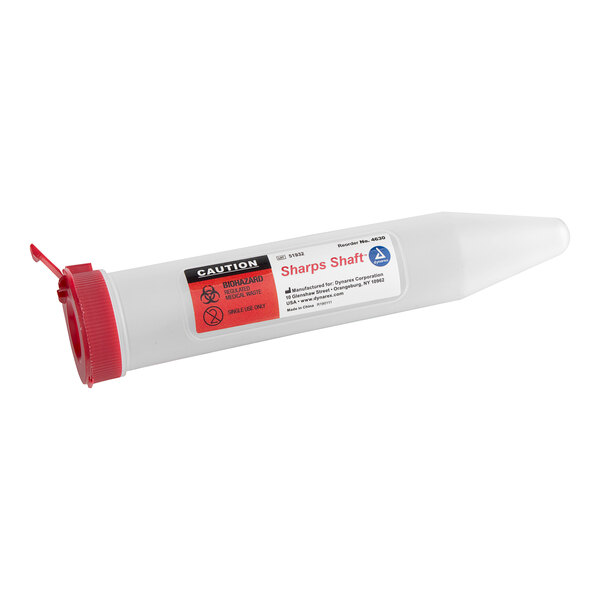 A white rectangular MedSource sharps container with a red lid.