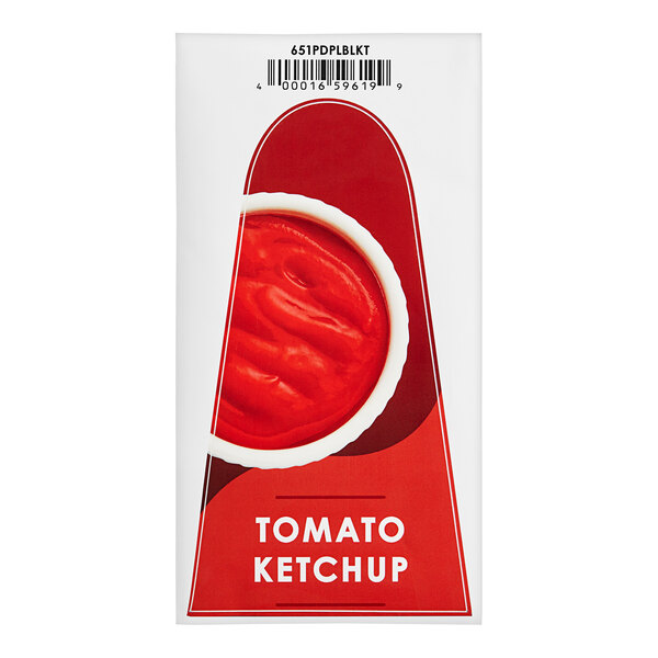 A white ServSense ketchup label for pouch condiment pump dispensers with red text.