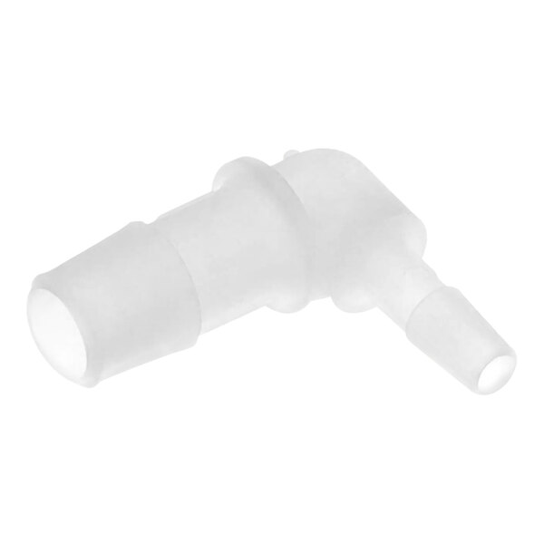 A close-up of a white AccuTemp plastic elbow fitting for a tube.