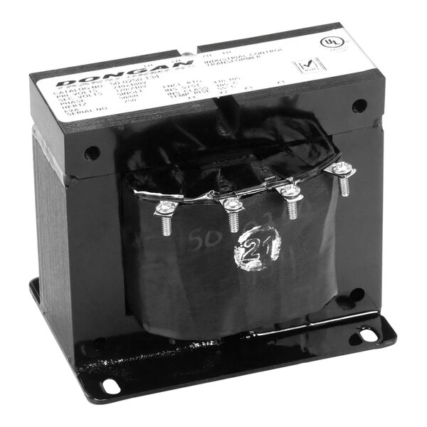 A black rectangular AccuTemp control transformer with a black cover.