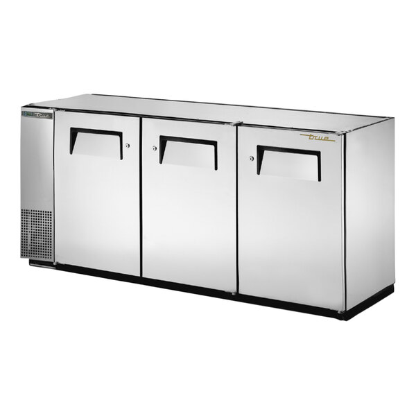 A stainless steel True back bar refrigerator with three doors.