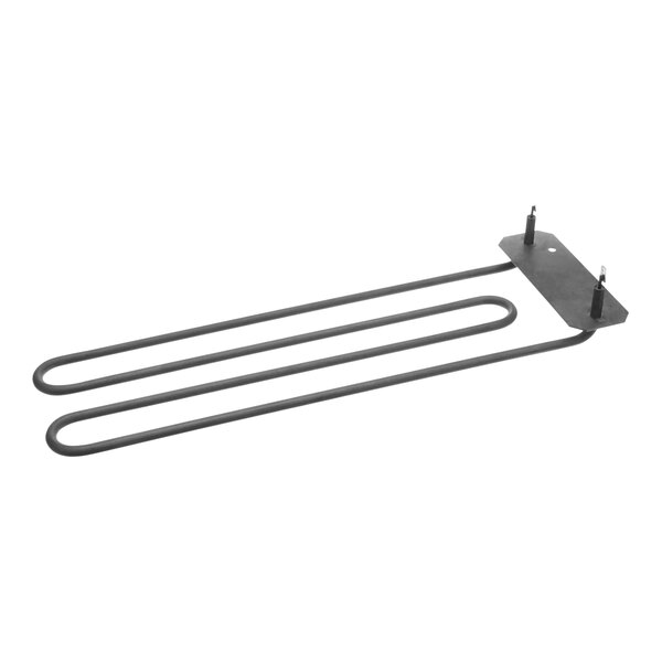A metal rack with black rods and hooks.