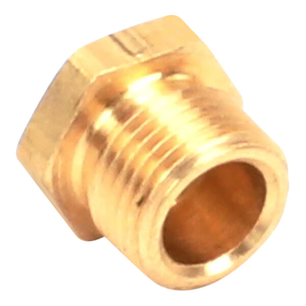 A brass AccuTemp burner orifice with a gold nut and metal ring.