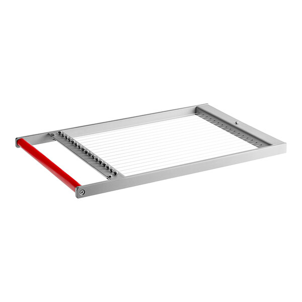 A Pavoni metal cutting frame with red handles.