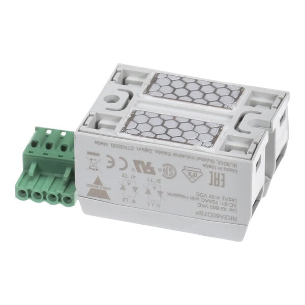 A white AccuTemp dual pole solid state relay with green connectors.