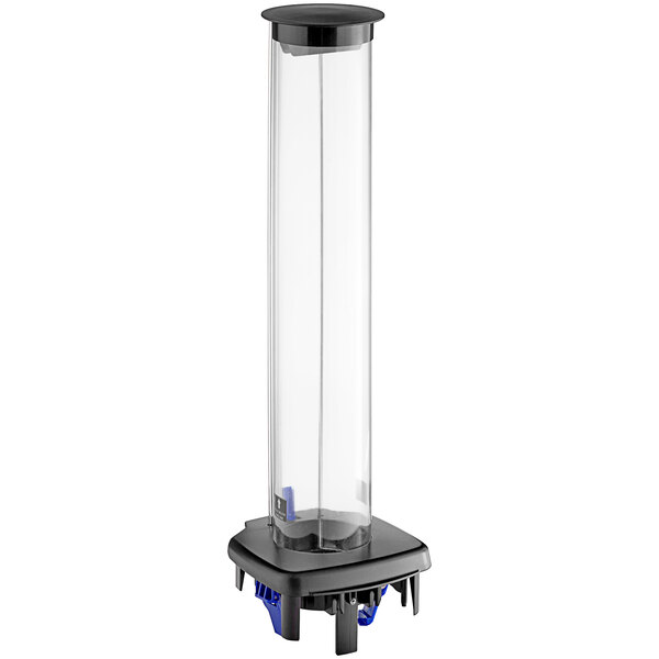 A clear plastic KleanTake gravity fed tube with blue wheels and a black border.