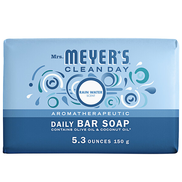 A blue and white Mrs. Meyer's Clean Day Rainwater bar soap with blue text and white circles.