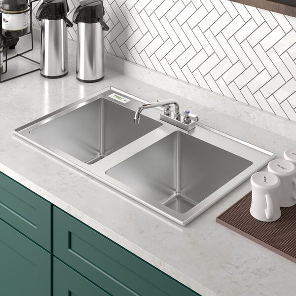 A Regency stainless steel drop-in sink with two bowls and a faucet.