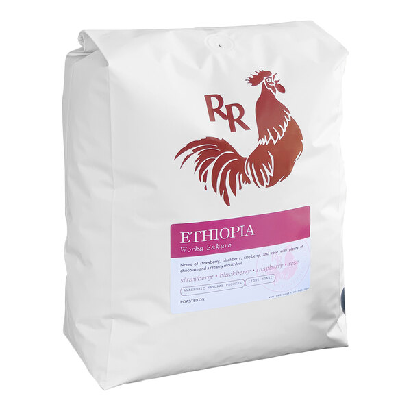 A 5 lb. white bag of Red Rooster Ethiopia Worka Sakaro whole bean coffee with a red rooster on it.
