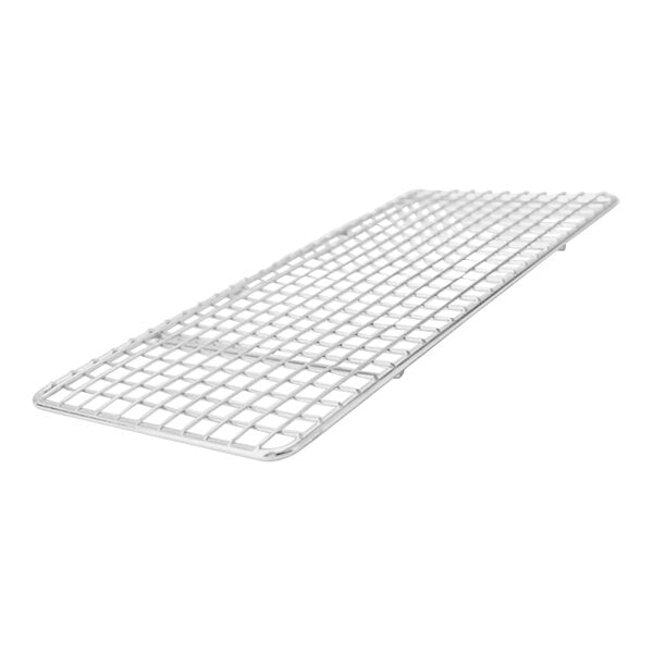 A stainless steel wire pan grate. A metal grid on a white background.