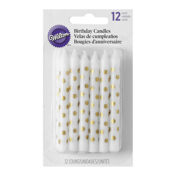 A pack of Wilton metallic gold polka dot birthday candles.
