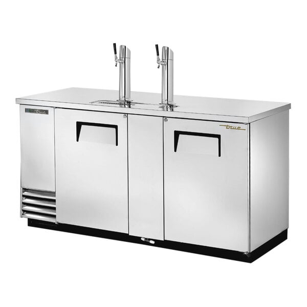 A stainless steel True beer dispenser with two taps on a counter.