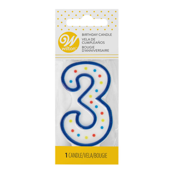 A package of three blue and yellow Wilton birthday candles with the number 3.