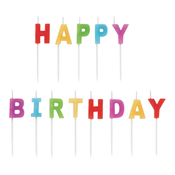 Assorted Wilton "Happy Birthday" candles with colorful letters on white background.
