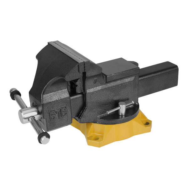 A black and yellow Olympia Tools bench vise with a swivel base.