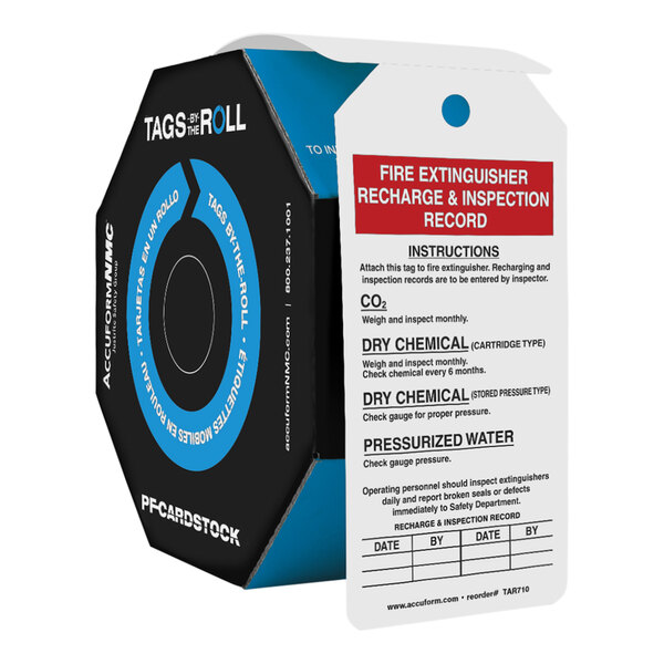 A blue and black box of Accuform Cardstock Fire Extinguisher Recharge and Inspection Record tags.