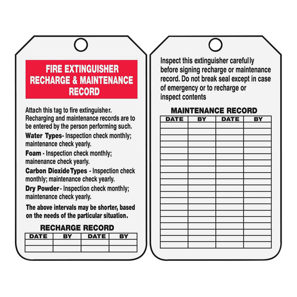 A red and white plastic tag for fire extinguisher maintenance records.