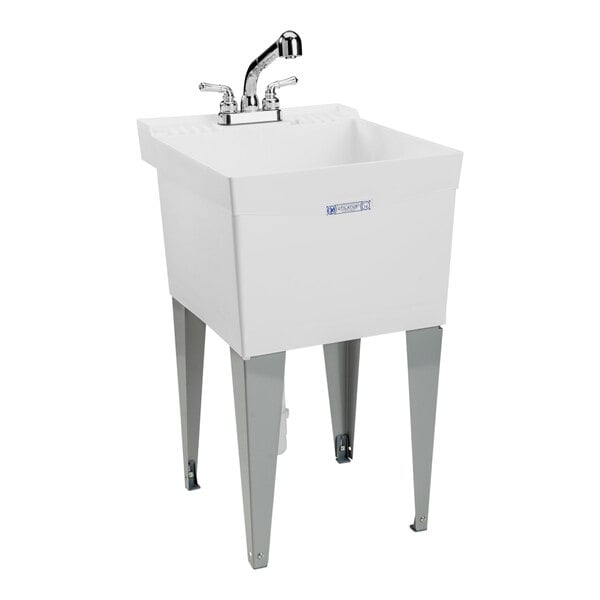 A white E.L. Mustee utility sink with a silver faucet.