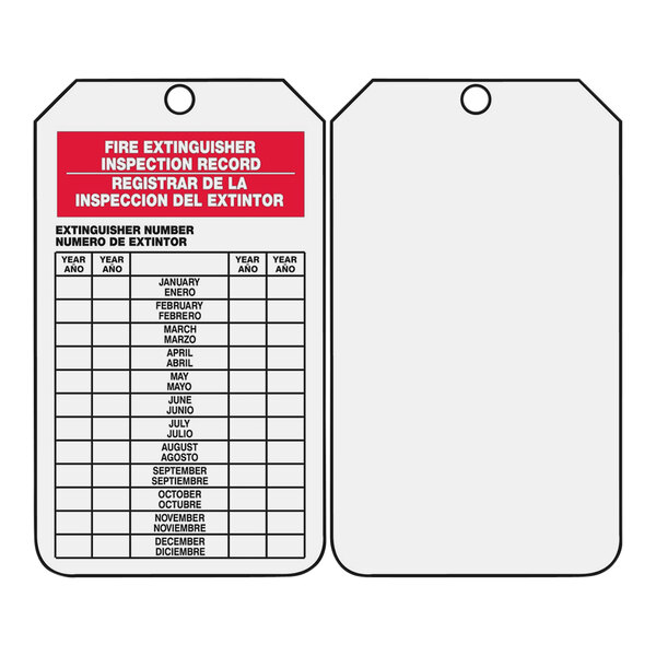 A white rectangular Accuform fire extinguisher tag with red and black text in English and Spanish.