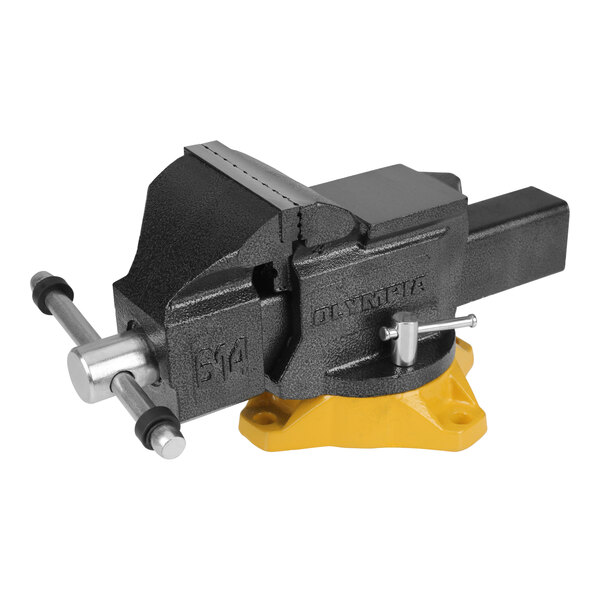 An Olympia Tools mechanic's bench vise with a black and yellow swivel base.