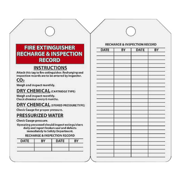 A close-up of two Accuform fire extinguisher tags with recharge and inspection records.
