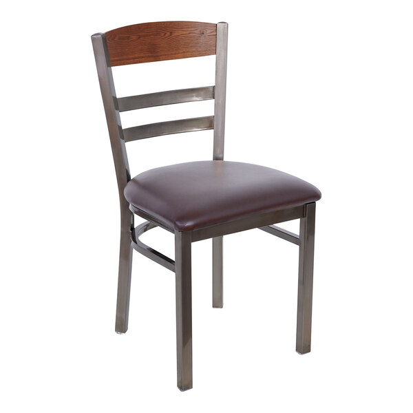 A BFM Seating steel side chair with a dark brown vinyl seat.