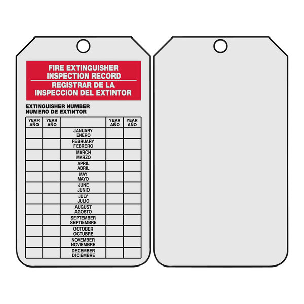 A white rectangular Accuform fire extinguisher tag with English and Spanish text in black.