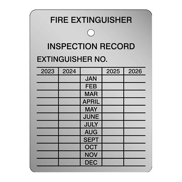 An Accuform aluminum fire extinguisher inspection tag with inspection record.