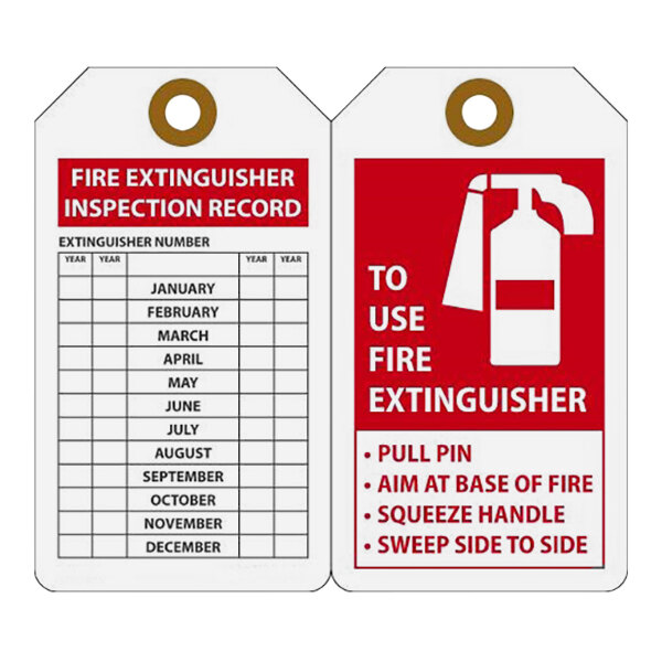 A white and red Accuform fire extinguisher label with black text and a white circle in the middle.