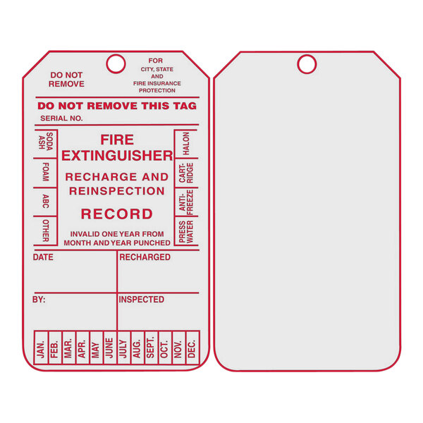 A white rectangular Accuform fire extinguisher tag with red text and stripes.