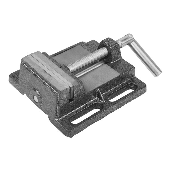 A black and silver Olympia Tools flat drill press vise on a table.