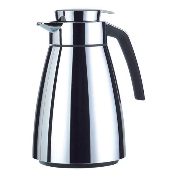A silver metal EMSA Bell coffee carafe with a black handle.