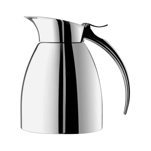 A silver metal EMSA Eleganza stainless steel coffee carafe with a handle.