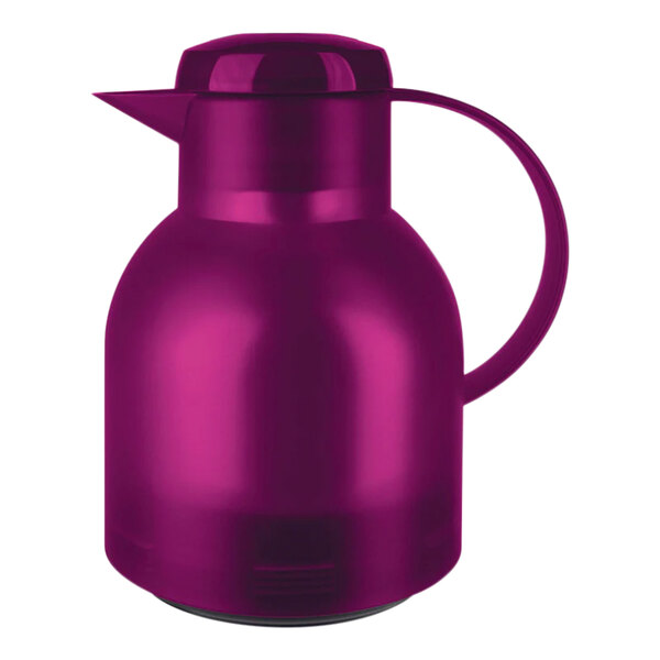 A transparent purple polypropylene carafe with a handle.