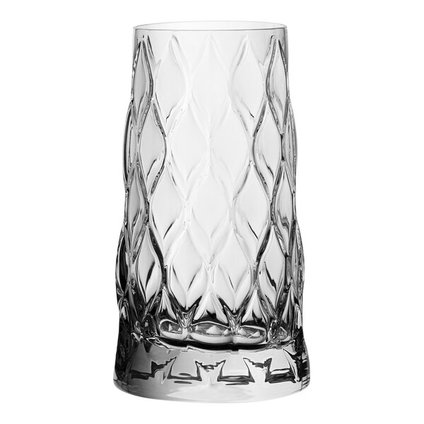A Pasabahce clear long drink glass with a leaf pattern.